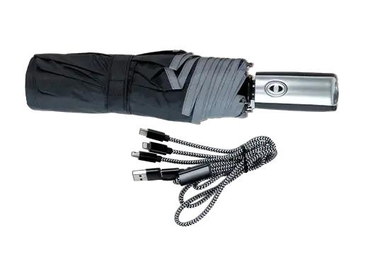 Regenschirm und Universal-Ladekabel.