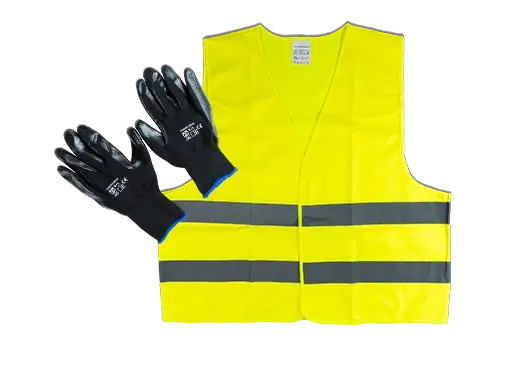 Warnweste und Schutzhandschuhe.